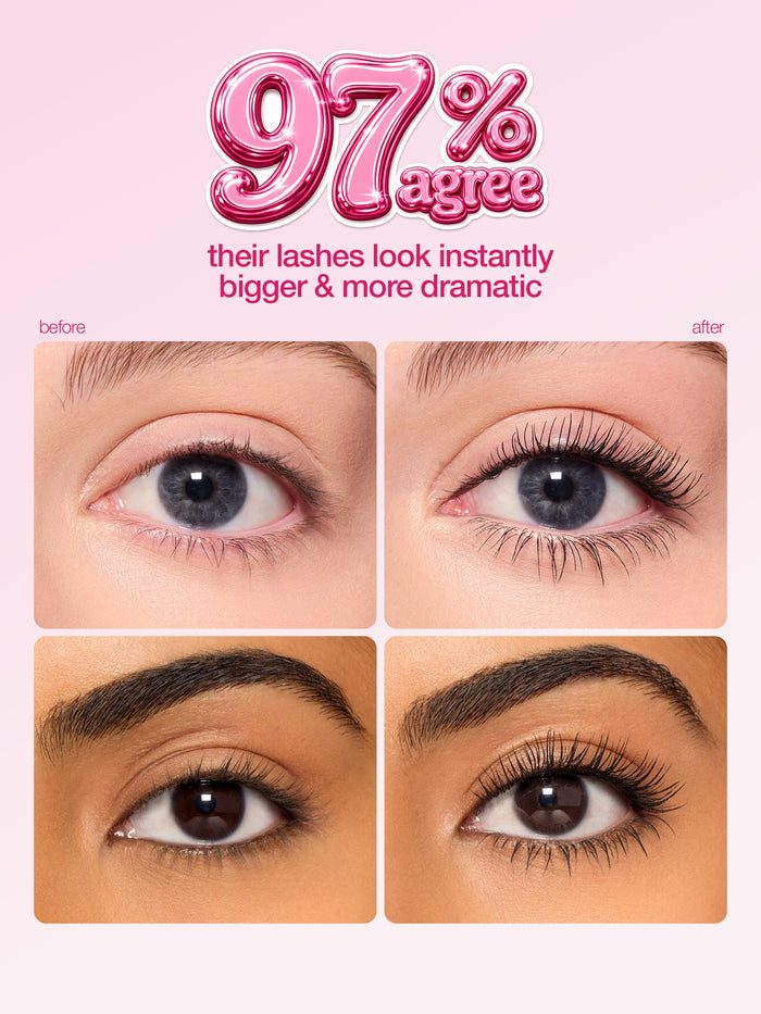 Pink mascara tubes labeled Big Ego by Tarte Cosmetics are standing upright. One tube's wand is visible. Text above them reads full-size and travel-size on a plain background.