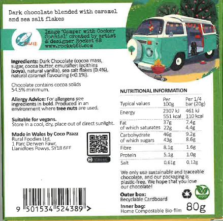Coco Pzazz Caramel & Sea Salt dark chocolate bar - 'Camper Van'