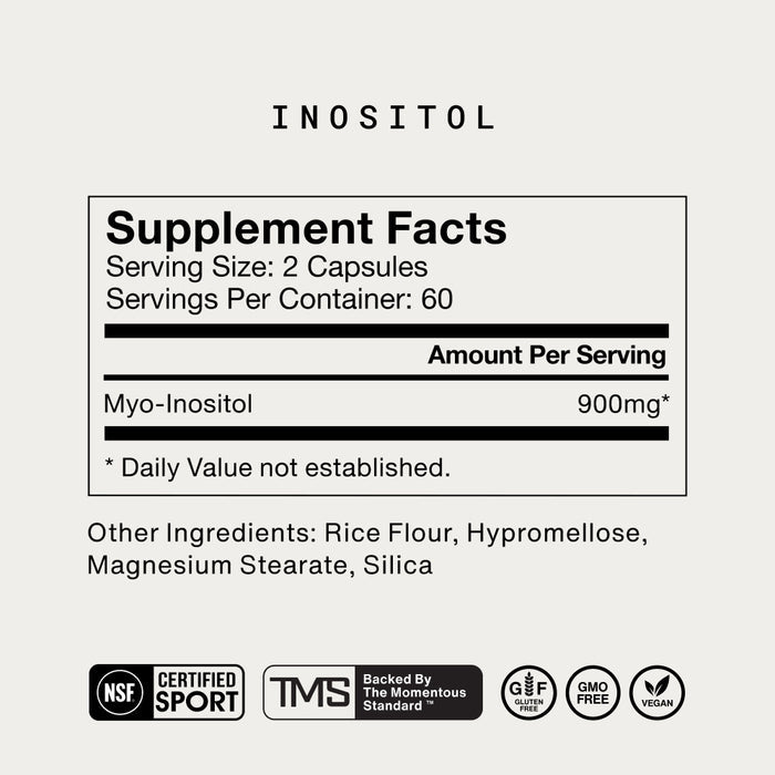 Supplement Facts label for Inositol. Text reads: “INOSITOL,” “Supplement Facts,” “Serving Size: 2 Capsules,” “Servings Per Container: 60.” “Amount Per Serving.” “Myo-Inositol 900mg*.” “* Daily value not established.” “Other Ingredients: Rice Flour, Hypromellose, Magnesium Stearate, Silica.” Icons include: “NSF Certified Sport,” “TMS Backed By The Momentous Standard™,” “Gluten Free,” “GMO Free,” and “Vegan.”