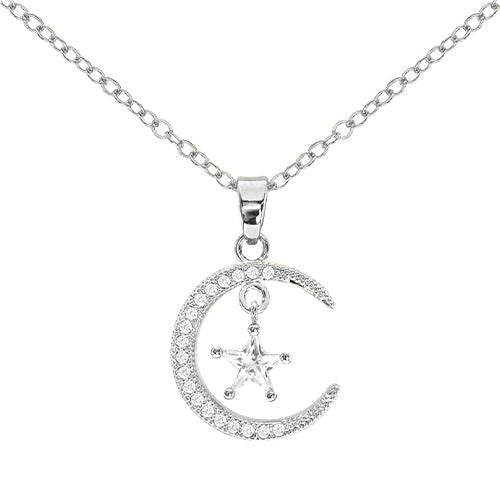 Cubic Zirconia Moon & Star Pendant Necklace - ikatehouse