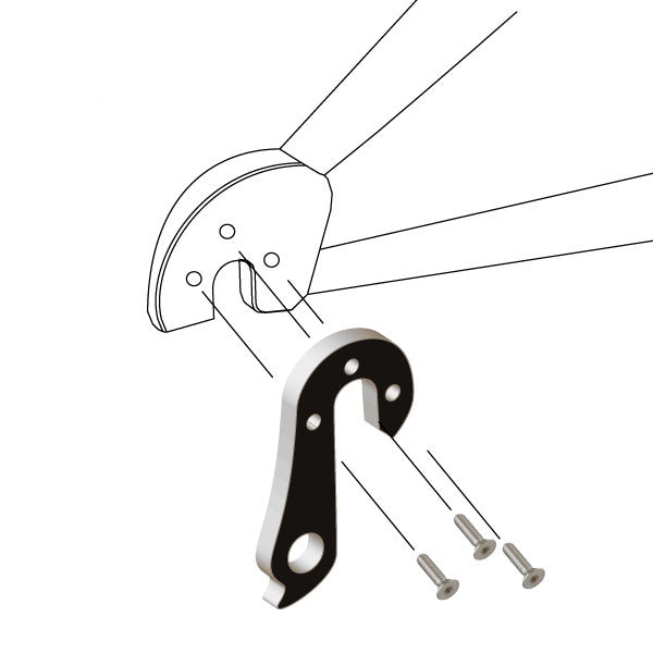 Hanger #1 attaches to the rear dropout from the outside or derailleur side using three M3x10 screws & nuts.