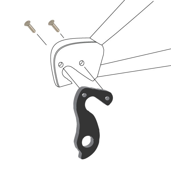 Hanger #122 attaches to the frame's rear dropout from the outside, or derailleur side using two M4x8 flat head screws.