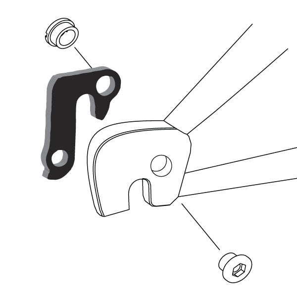 Hanger #131 attaches to the rear dropout from the inside or hub side using one M8 chainring bolt.
