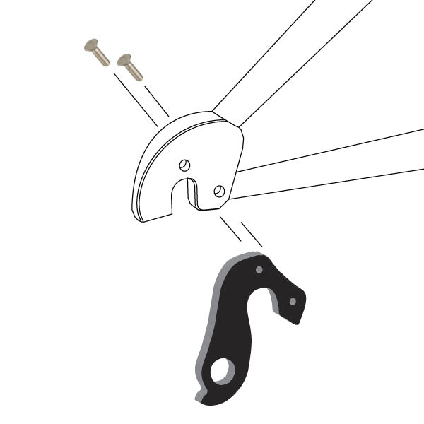 Hanger #146 attaches to the frame's rear dropout from the outside, or derailleur side using two M3x8 flat head screws.