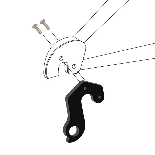 Hanger #86 attaches to the rear dropout from the outside or derailleur side using two M3x10 flat head screws.