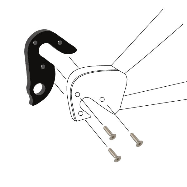 Hanger #89 attaches to the rear dropout from the inside or hub side using three M4x8 flat head screws.