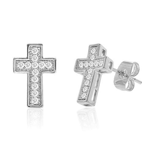 Diamond Look Cubic Zirconia Micro Pave Cross Earring - ikatehouse