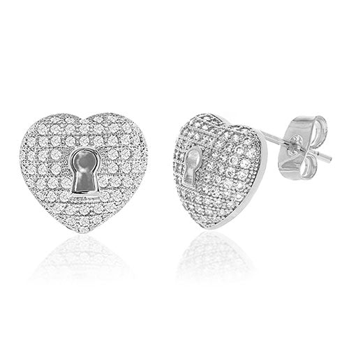 Diamond Look Cubic Zirconia Micro Pave Heart & Lock Earring - ikatehouse