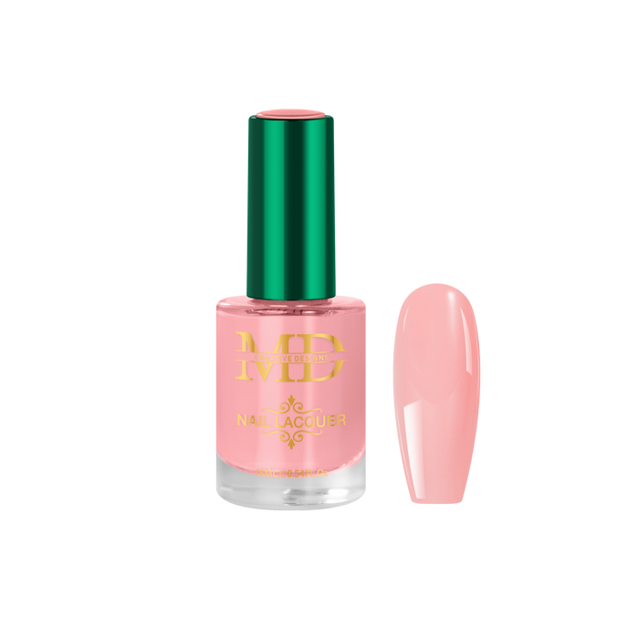 Pink nail polish bottle with green cap on a white background