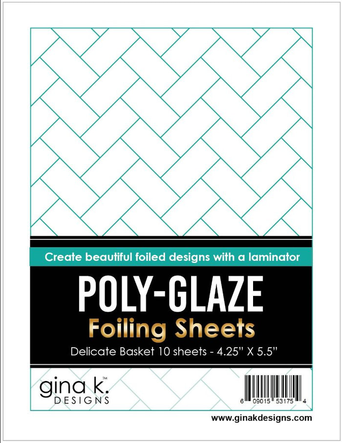 Gina K. Designs - Poly-Glaze Foiling Sheets - Delicate Basket. 10 sheets – 4 1/4” X 5 1/2” These sheets are printed with a Poly-Glaze coating that allows you to use Deco-foil without getting black spots or dropouts. Available at Embellish Away located in Bowmanville Ontario Canada.