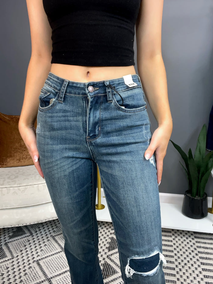 Judy Blue Dark Wash Mid Rise Destroyed Knee Patch Jeans