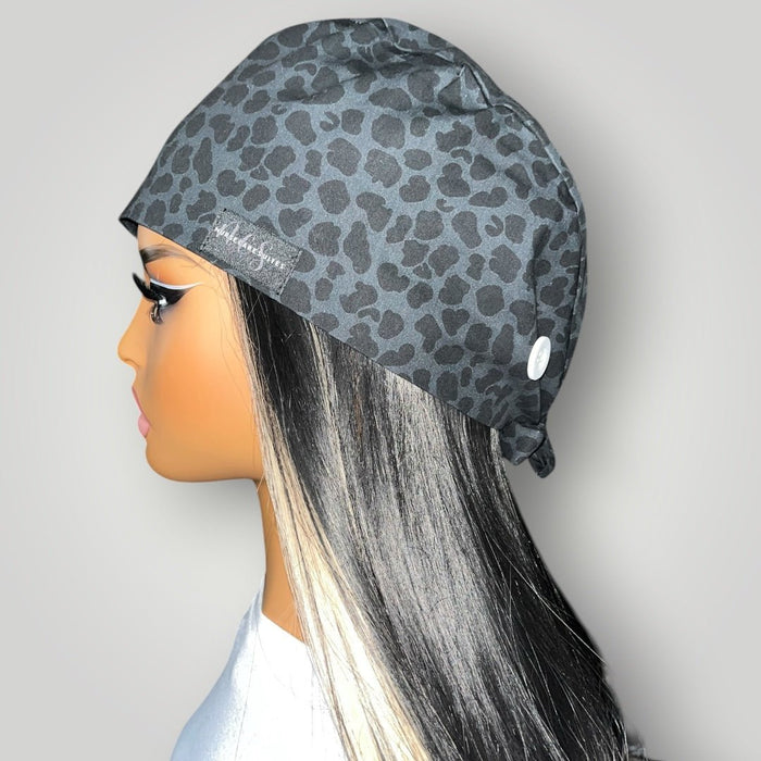 Midnight Leopard Satin - Lined Tie Back Scrub Cap - Nursecaresuites - Online Healthcare BoutiqueScrub Capblack scrub capbreathable scrub capgrey leopard scrub cap