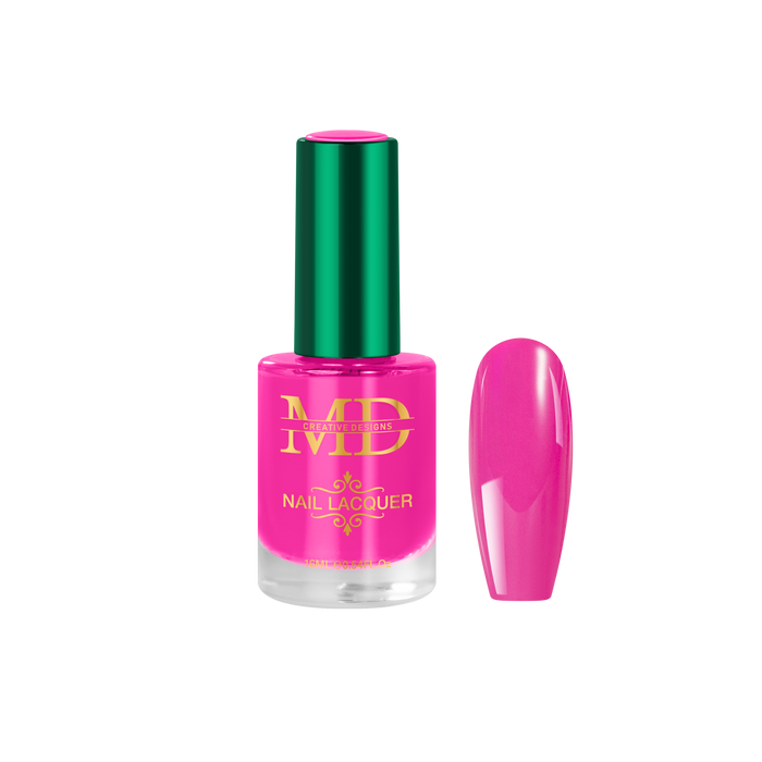 Pink nail polish bottle with green cap on a white background