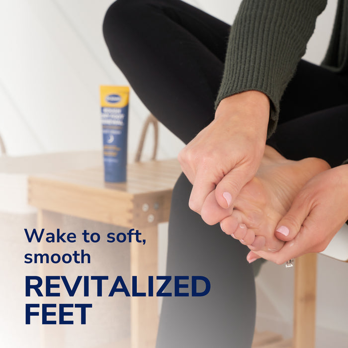Hand applying foot renewal cream to a foot; overnight treatment kit tube nearby.