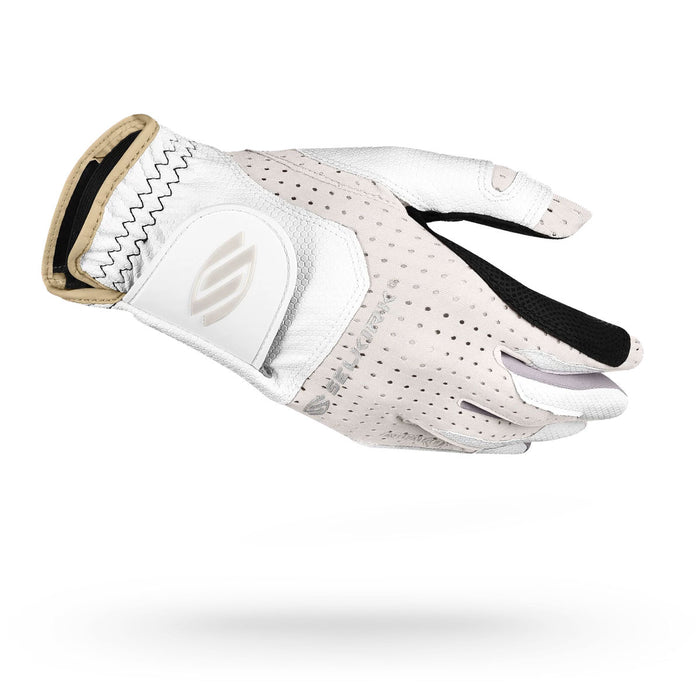 White perforated golf glove with Velcro wrist strap and black thumb insert