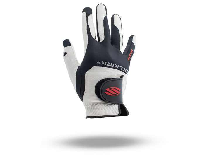 Black-and-white cycling glove with wrist strap, red S logo and red text 'SPORT' on finger.