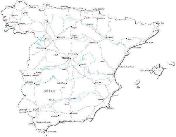 Spain Black & White Map with Capital, Major Cities, Roads, and Water Features