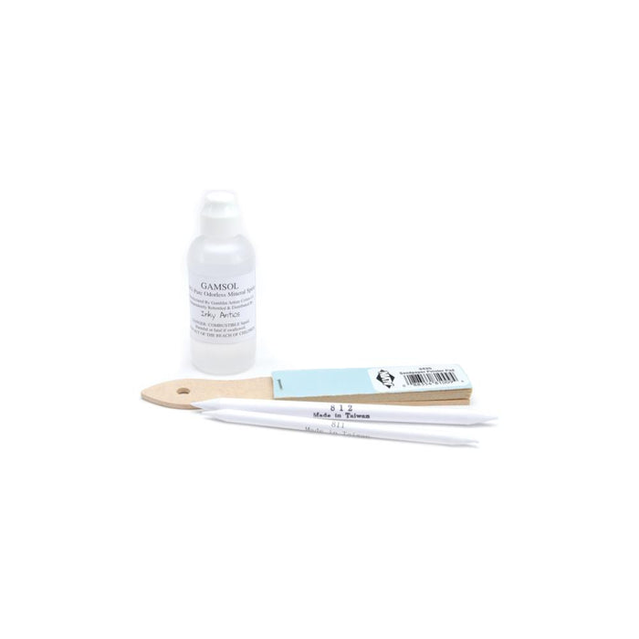 STAMPERS ANONYMOUS-Gamsol Odorless Mineral Spirits Kit. A blending medium for colored pencils! Artist-grade, odorless mineral spirits in a convenient, sponge-top dabber bottle that results in a pretty, almost watercolor look since it essentially melts the pencil lines and erases their grainy appearance. Simply color in a stamped image with colored pencils and apply Gamsol using the blending stumps. Available at Embellish Away located in Bowmanville Ontario Canada.