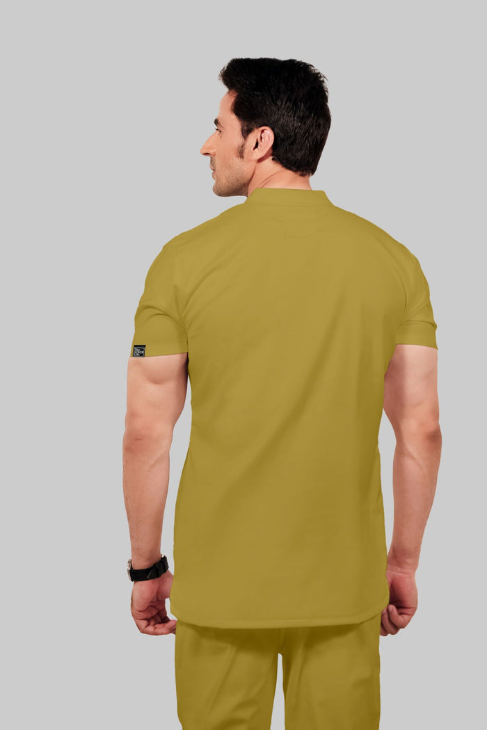 Stretchable (2Way) Men Mustard Mandarin Neck With Jogger Scrub Set