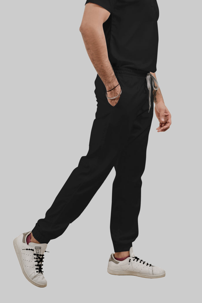 Stretchable (4Way) Men Black Mandarin Neck with Jogger Scrub Set