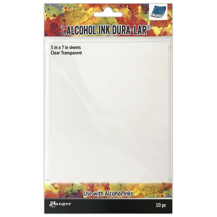 Tim Holtz - Alcohol Ink Dura-Lar 5"X7" - 10/Pkg - Clear Transparent. A versatile surface suited for permanent inks & mixed media techniques. Dura-Lar Clear is transparent film 0.10 inch surface that is heat tolerant and non-absorbent. Available at Embellish Away located in Bowmanville Ontario Canada.