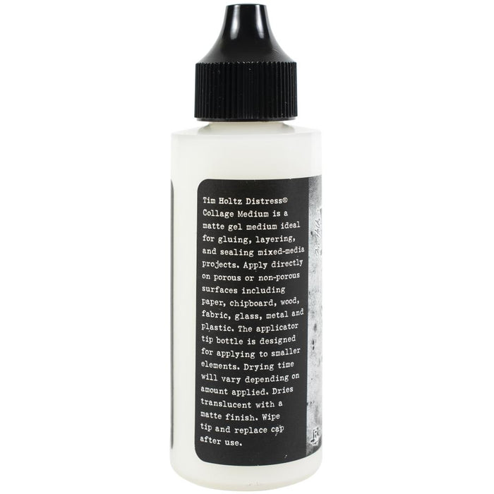 Tim Holtz - Distress Collage Medium - 2oz. Ideal for gluing, layering, and sealing mixed-media projects, Apply directly on porous or non-porous surfaces including paper, chipboard, wood, fabric, glass, metal and plastic. This package contains 2oz of collage medium. Non-toxic. Acid free. Made in USA. Available at Embellish Away located in Bowmanville Ontario Canada.