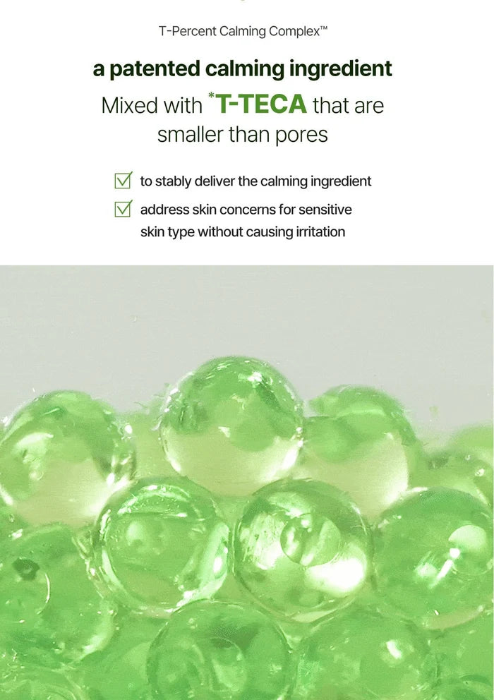 Green beads with text about a patented calming ingredient and T-TECA on a white background