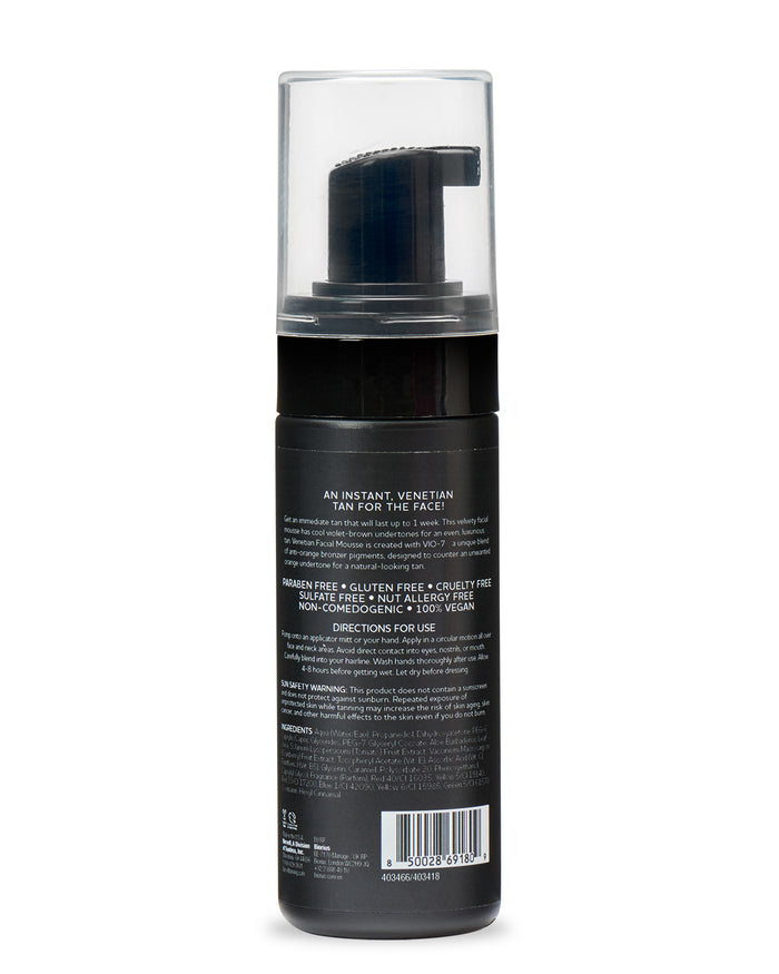 View of the back label of Norvell Venetian Instant Self-Tanning Face Mousse 1.7oz on a white background