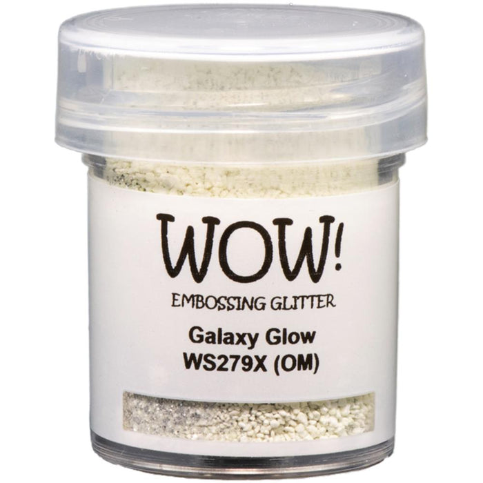 WOW! - Embossing Powder - 15ml - Galaxy Glow. The perfect way to add sparkle along with a raised image. Not just that this embossing powder also GLOWS. Just sprinkle over wet in, heat and see the magic of this embossing powder. Available at Embellish Away located in Bowmanville Ontario Canada.