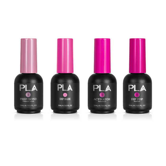 Four bottles of PLA dip liquid system set arranged in a row on a white background. The bottles are black with bright pink and light pink caps, and the labels show the PLA brand and product names: Prep/Bond, Dip Base, Activator, and Dip Top.
