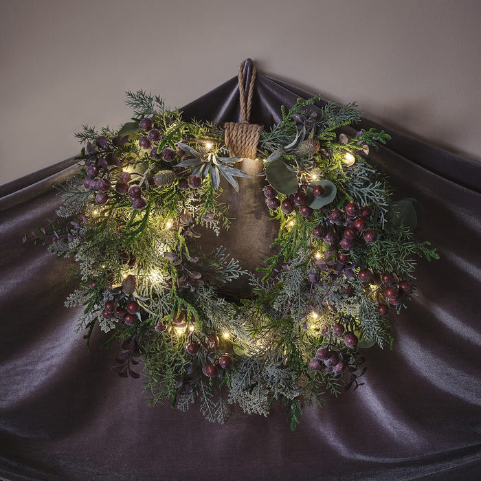 40cm Pre Lit Purple Berry Heart Wreath