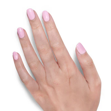A left hand with short, neatly manicured nails painted in LONDONTOWN's Afternoon Tea, a light pink shade, shown against a white background.