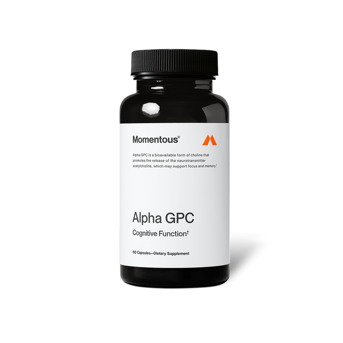 “Momentous Alpha GPC bottle labeled ‘Alpha GPC Cognitive Function’ with text describing it as a bioavailable form of choline that promotes the release of acetylcholine, which may support focus and memory.”