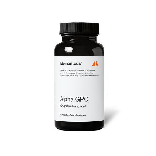 “Momentous Alpha GPC bottle labeled ‘Alpha GPC Cognitive Function’ with text describing it as a bioavailable form of choline that promotes the release of acetylcholine, which may support focus and memory.”