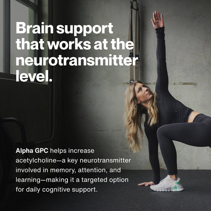 “Woman stretching in a gym with text: ‘Brain support that works at the neurotransmitter level. Alpha GPC helps increase acetylcholine—a key neurotransmitter involved in memory, attention, and learning—making it a targeted option for daily cognitive support.’”