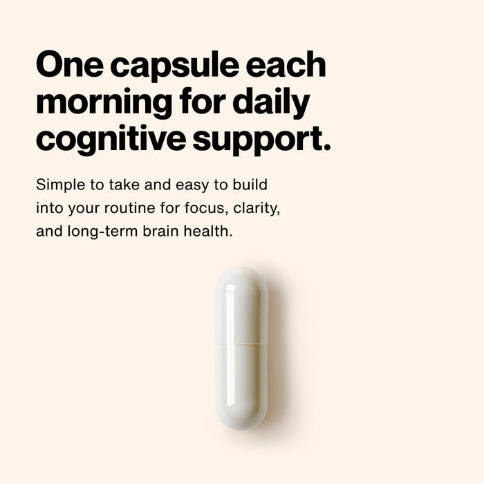 “Single capsule with text: ‘One capsule each morning for daily cognitive support. Simple to take and easy to build into your routine for focus, clarity, and long-term brain health.’”