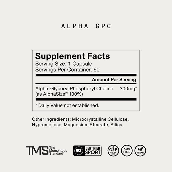 “Supplement facts label for Alpha GPC showing serving size 1 capsule, 60 servings per container, and 300 mg of Alpha-Glyceryl Phosphoryl Choline (as AlphaSize 100%) per serving. Other ingredients include microcrystalline cellulose, hypromellose, magnesium stearate, and silica. Includes certifications: NSF Certified Sport, gluten free, GMO free, and vegan.”