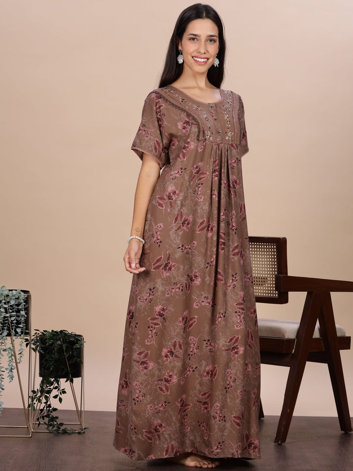 Floral Print Brown Alpine Ladies Nighty