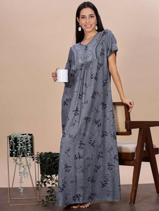 Floral Print Grey Alpine Nighty for Women
