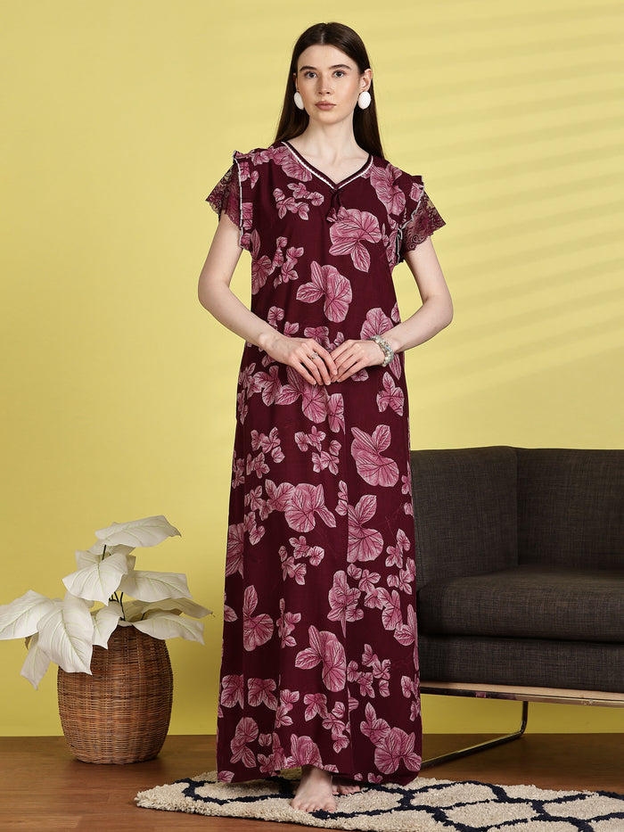 maroon nighty for women with floral lace design