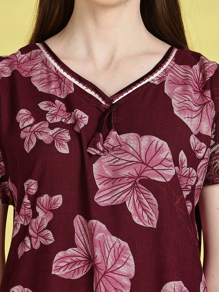 maroon nighty for women with floral lace design
