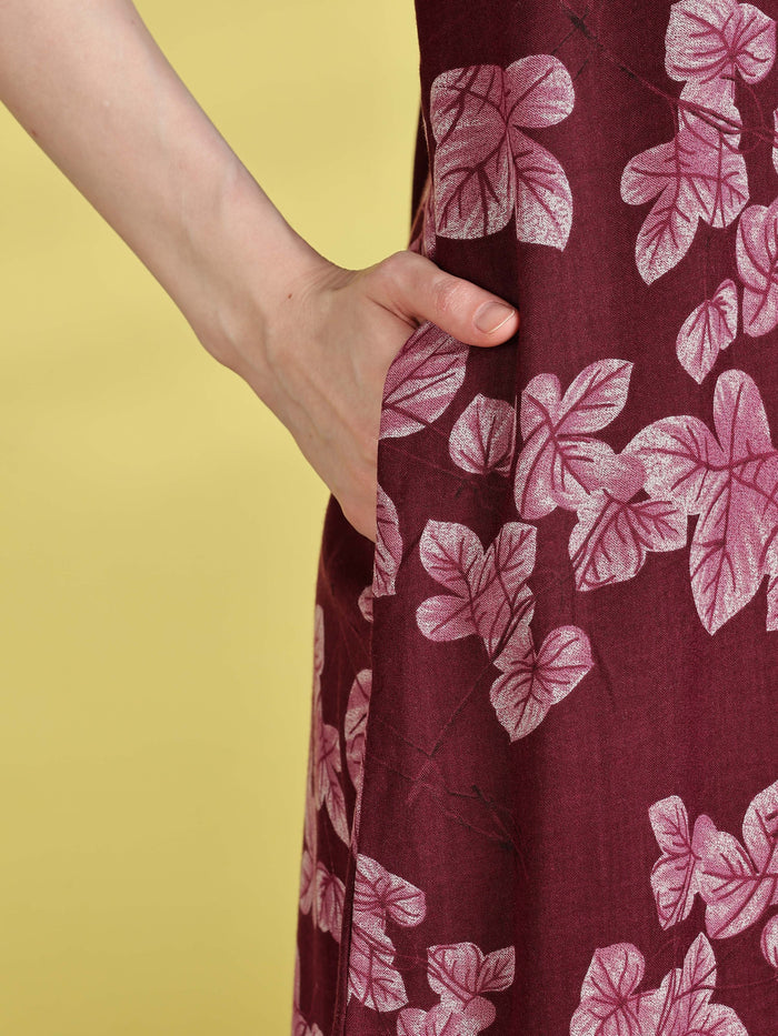 maroon nighty for women with floral lace design