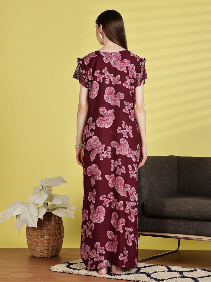 maroon nighty for women with floral lace design