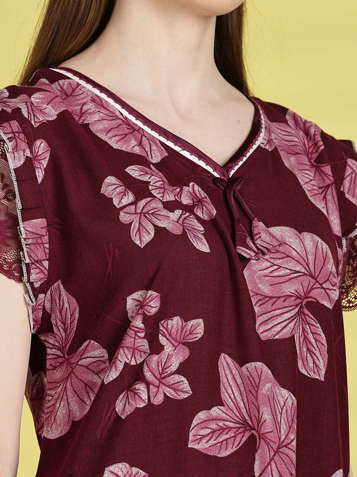 maroon nighty for women with floral lace design