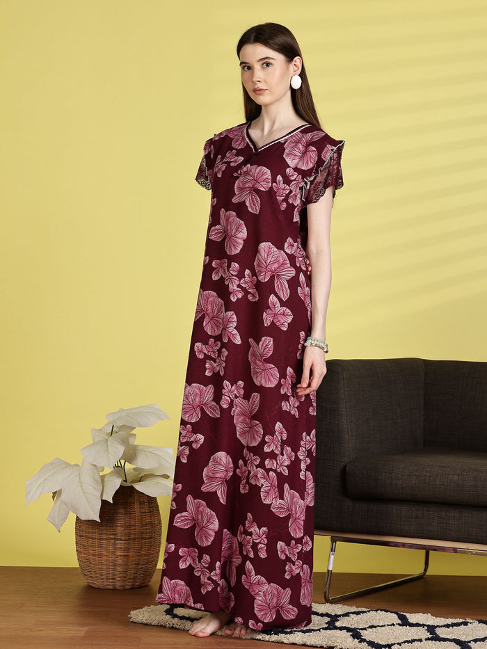 maroon nighty for women with floral lace design