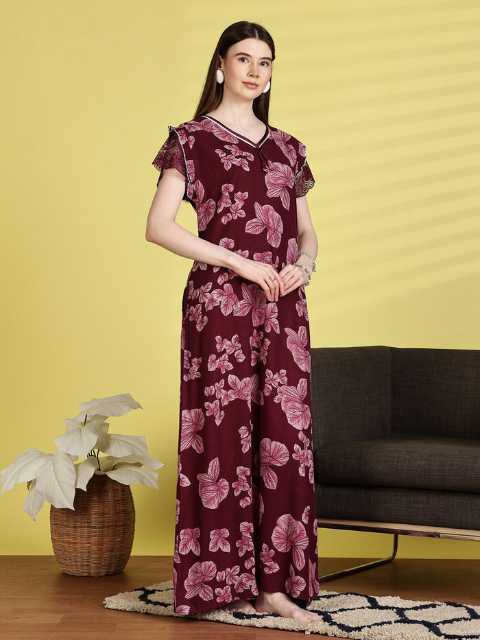 maroon nighty for women with floral lace design