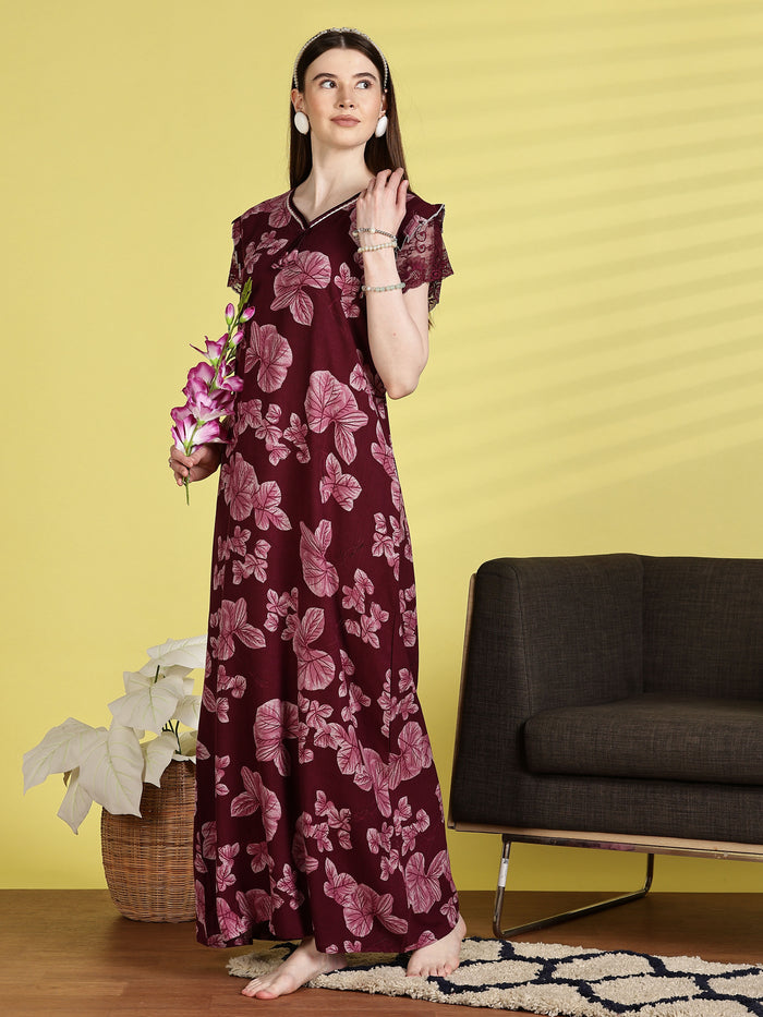 maroon nighty for women with floral lace design