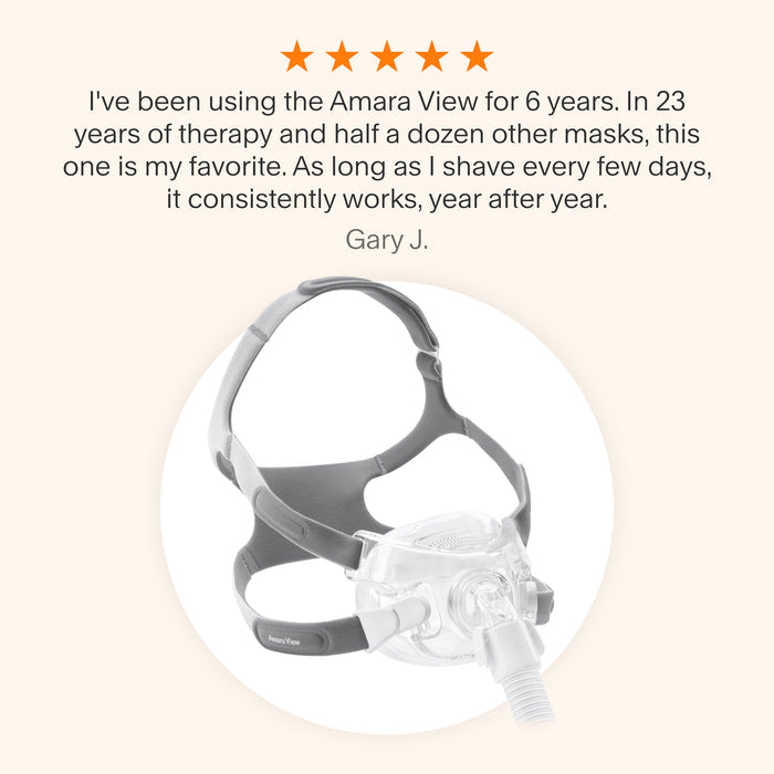 Testimonial praising the Amara View Full Face Mask for its long-lasting reliability and comfort, making it a favorite after decades of CPAP therapy.