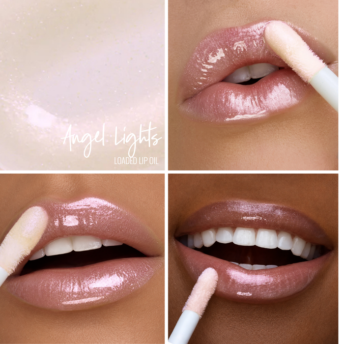 4 different lip image close-up shots with different skin tones, applying Runway Rogue Loaded Lip Oil in the shade 'Angel Lights'