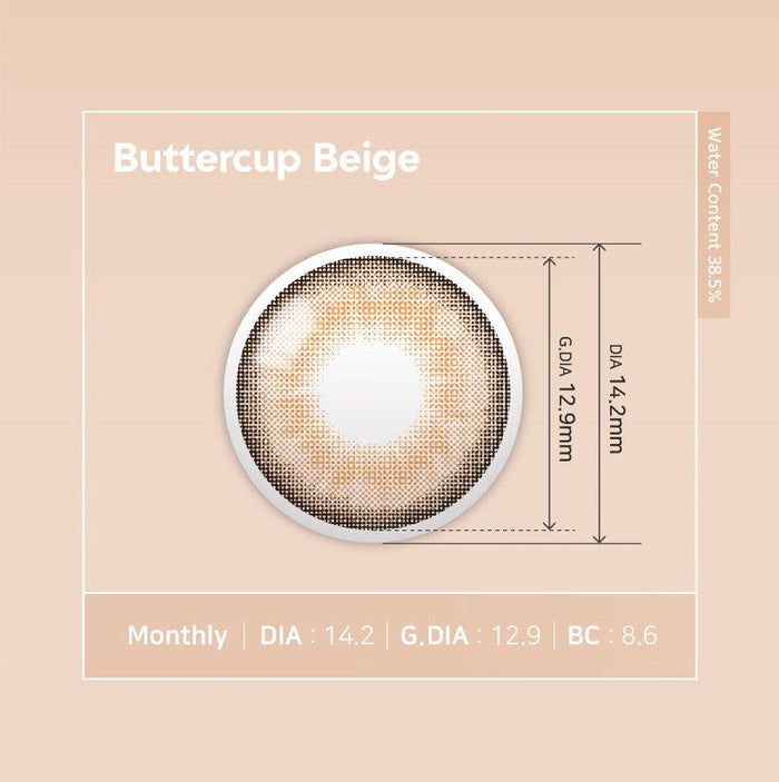 A close-up of a model demonstrating a natural makeup look with Ann365 Buttercup 1-Day Beige (10pk) circle colour contacts, highlighting how well the contact lenses blend with her dark eyes.